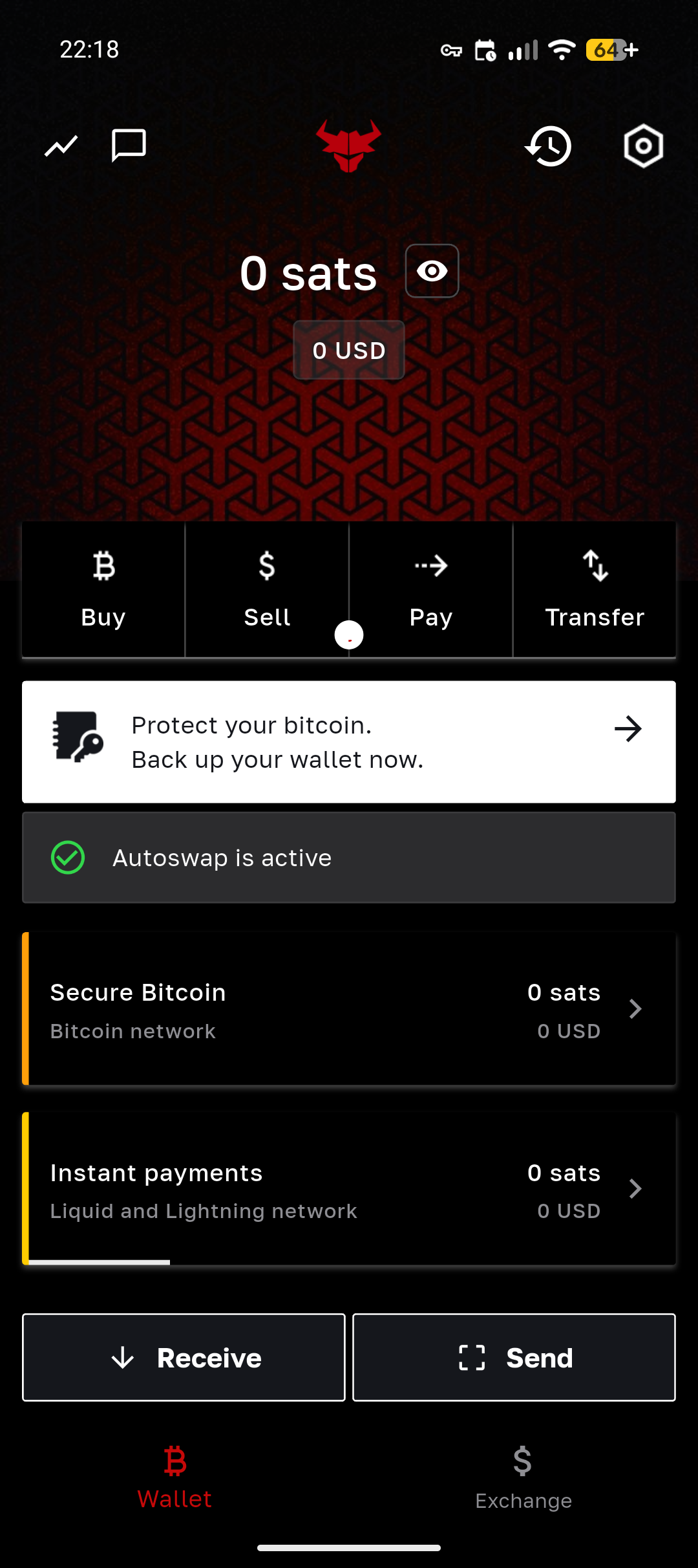 Bull dashboard showing the back up your wallet warning