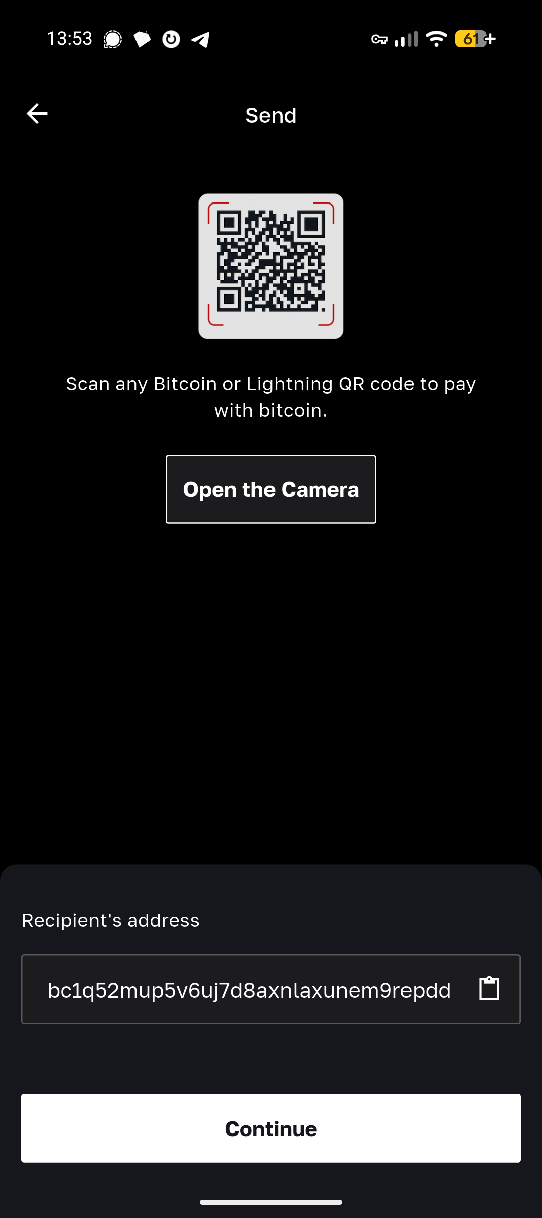 Bull send screen offering a QR scan or a pasted recipient address