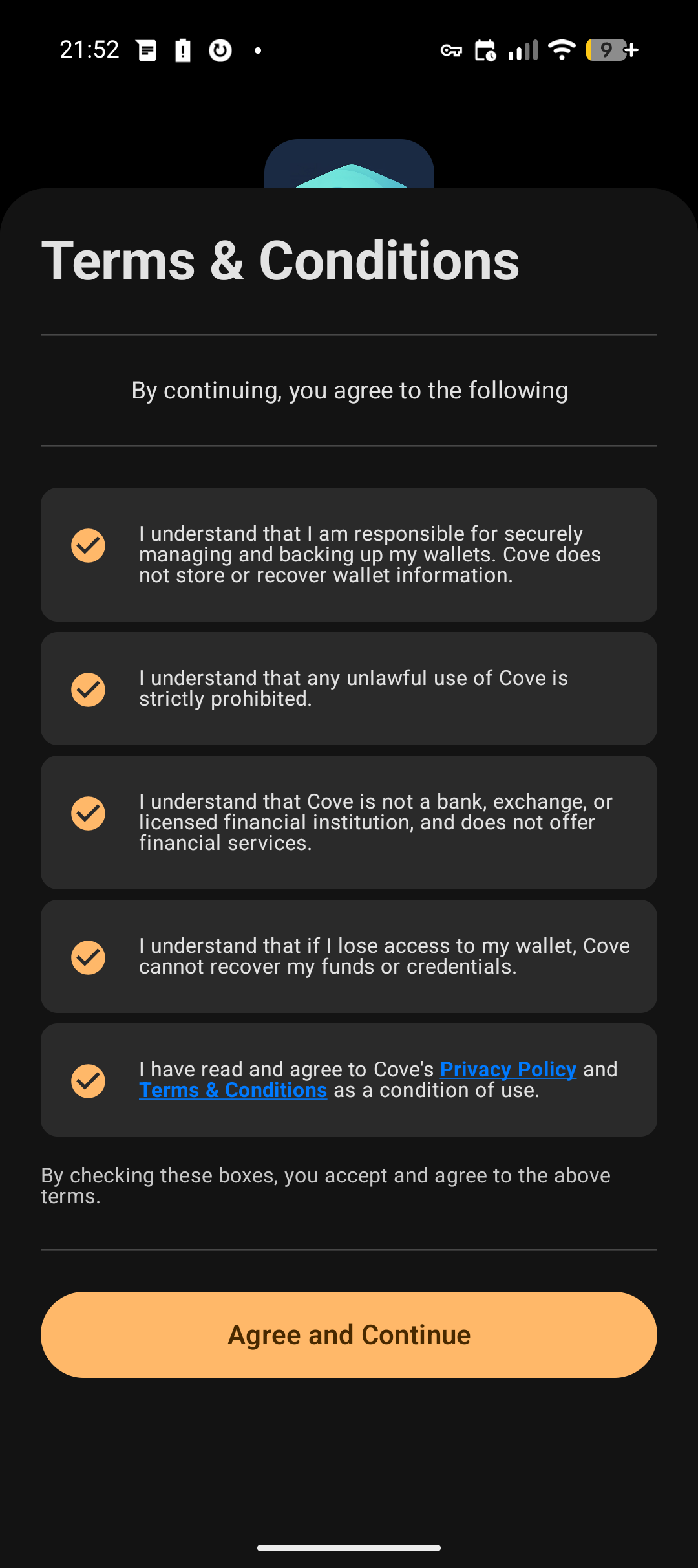Cove, agree to the terms and conditions