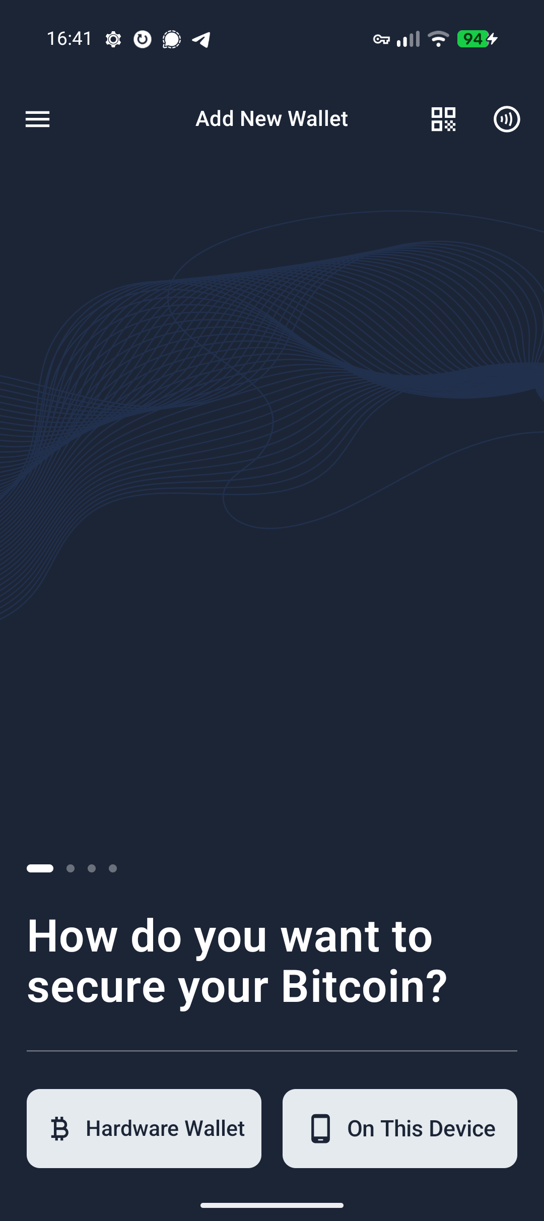 Cove, choose how to secure your bitcoin: Hardware Wallet or On This Device
