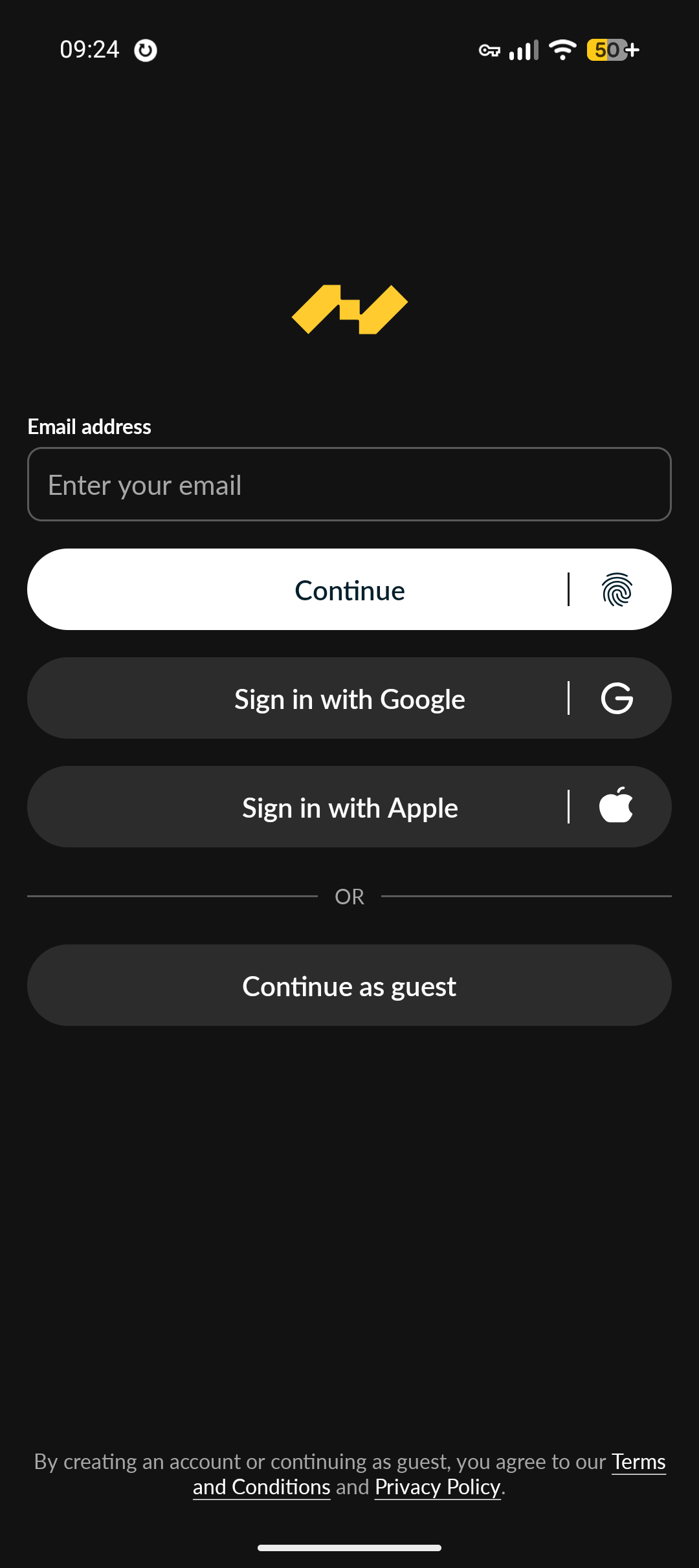 Nunchuk sign-in screen with a continue as guest option