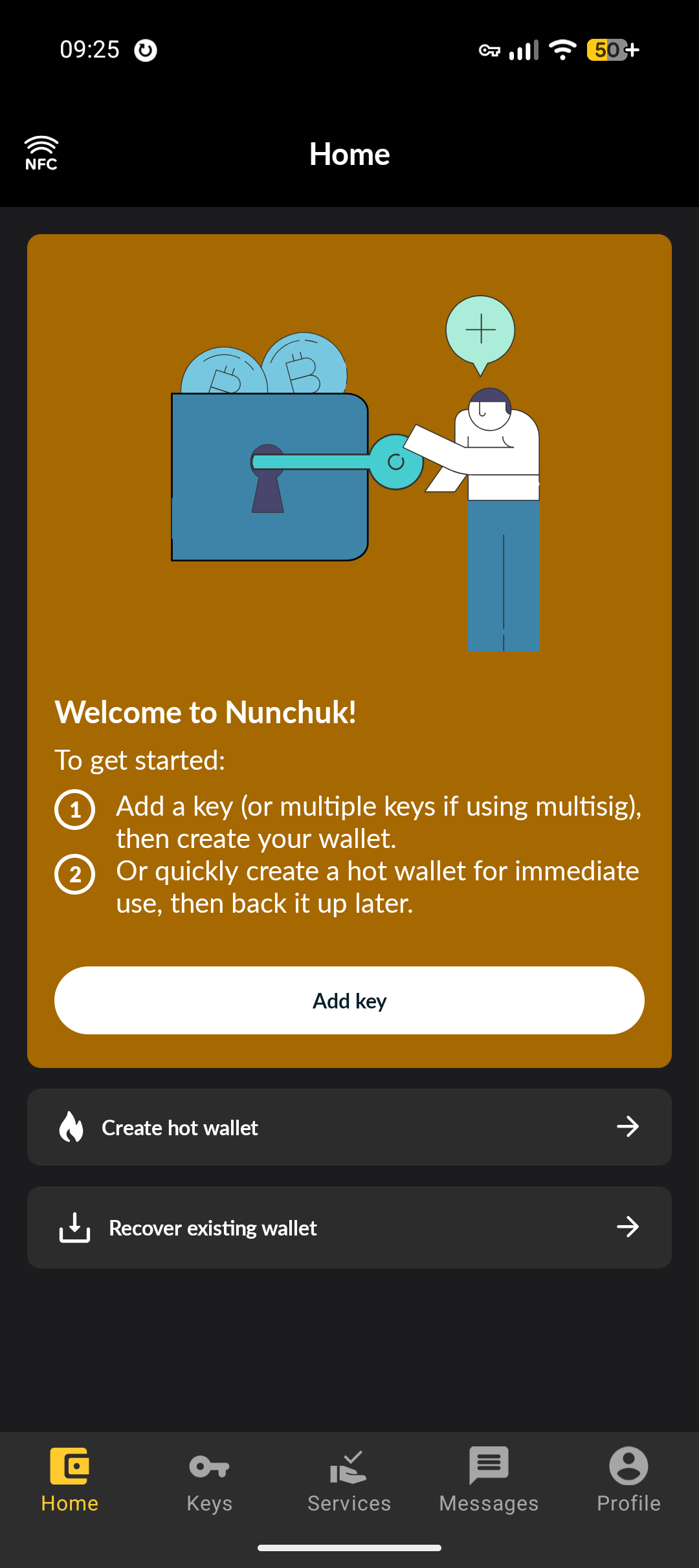 Nunchuk home screen with the create hot wallet option