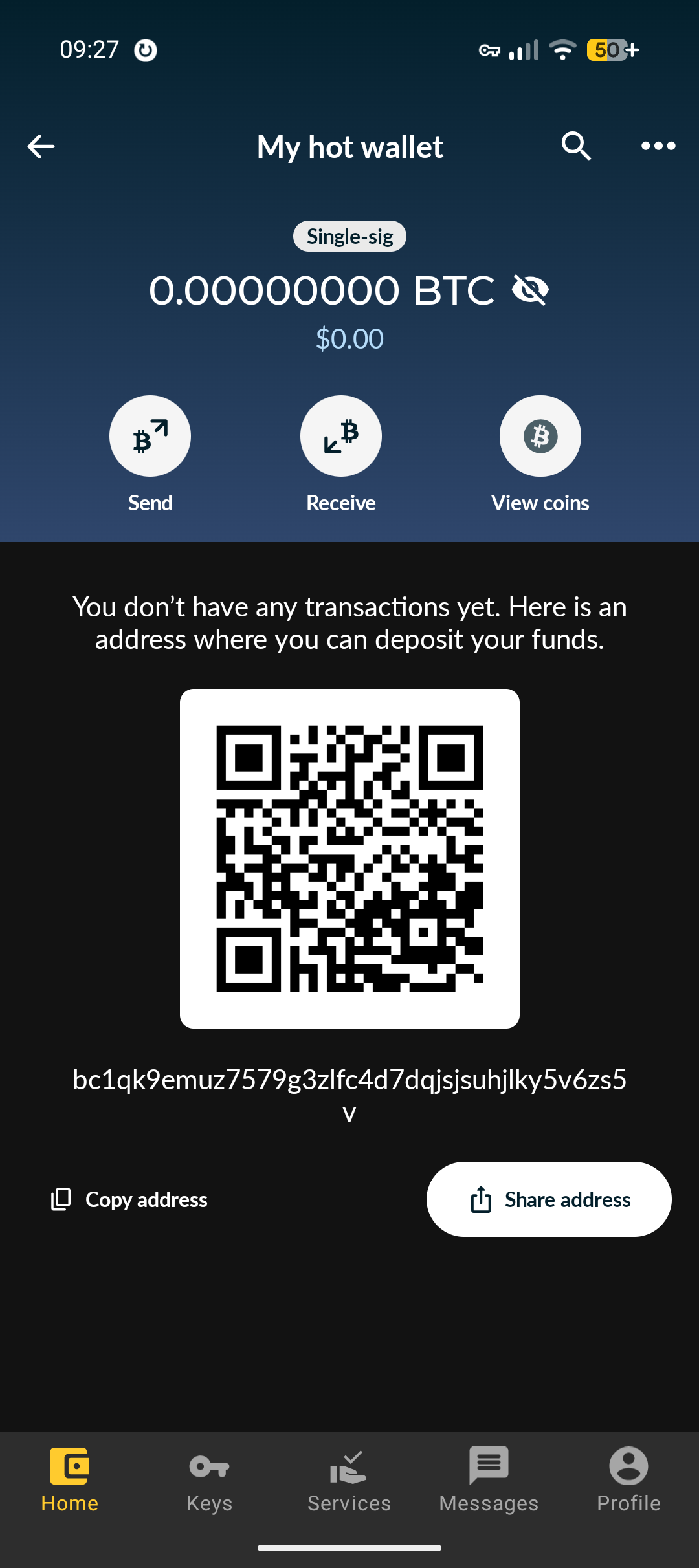 Nunchuk wallet with a receive address and QR code on the empty wallet screen