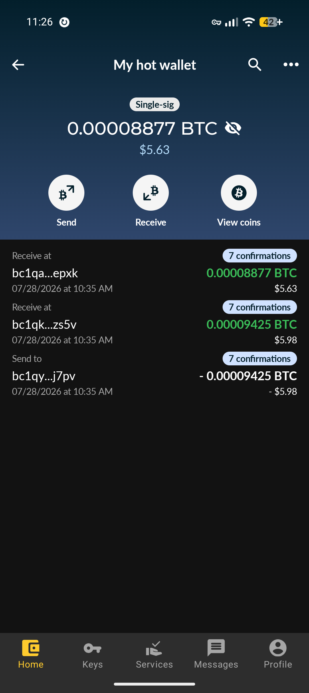 Nunchuk funded wallet with the Send button