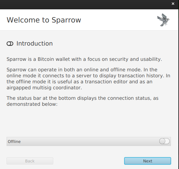 Sparrow welcome and introduction screen
