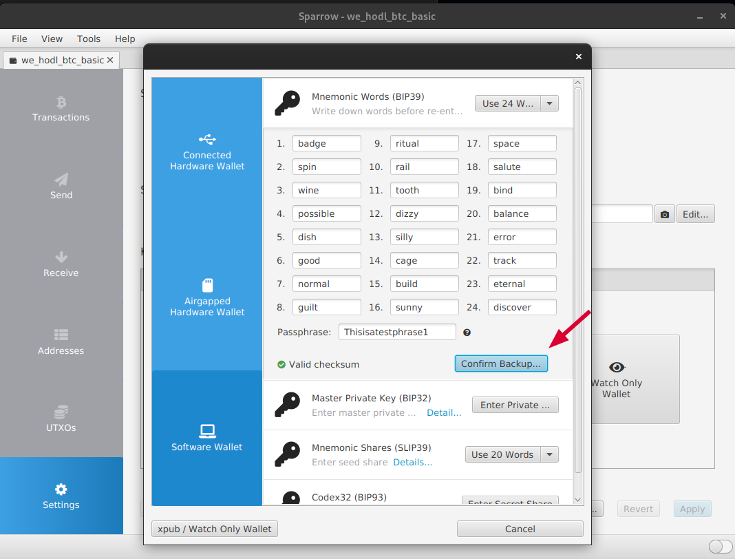 Sparrow shows the 24 words and passphrase, Confirm Backup