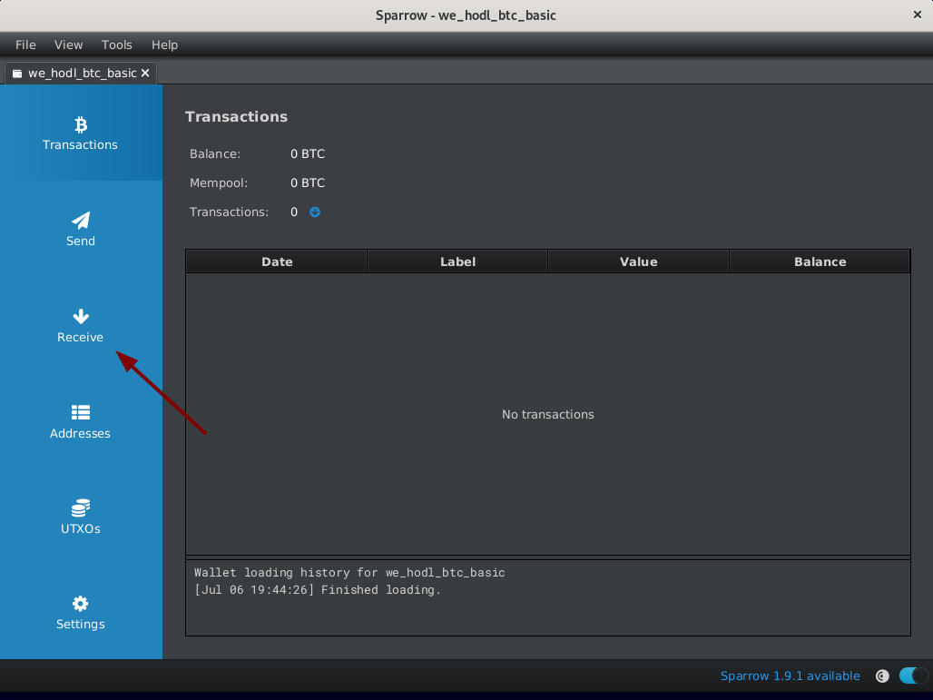 Sparrow, the Receive tab on the left panel