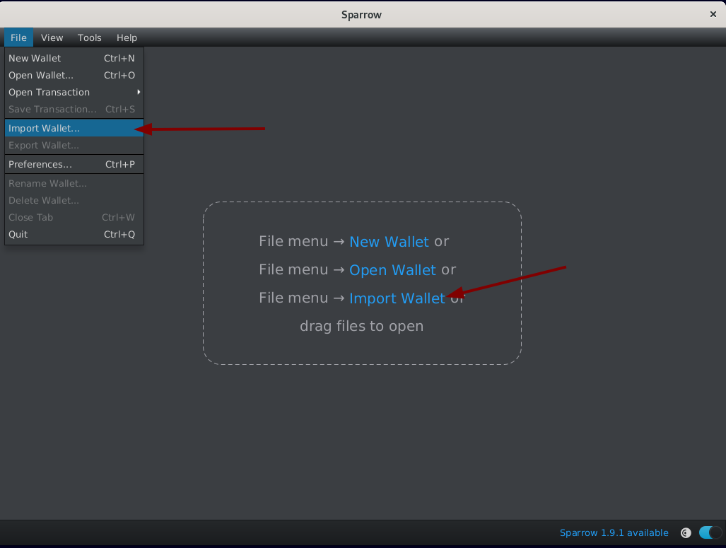Sparrow, File menu, Import Wallet